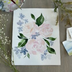 Pink Roses and Little Blue Flowers - 8x10 -unframed